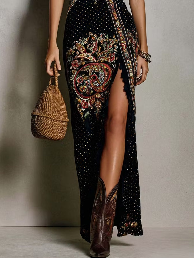 Abito Stampato in Stile Bohemien con Scollatura a V Profonda e Grande Apertura