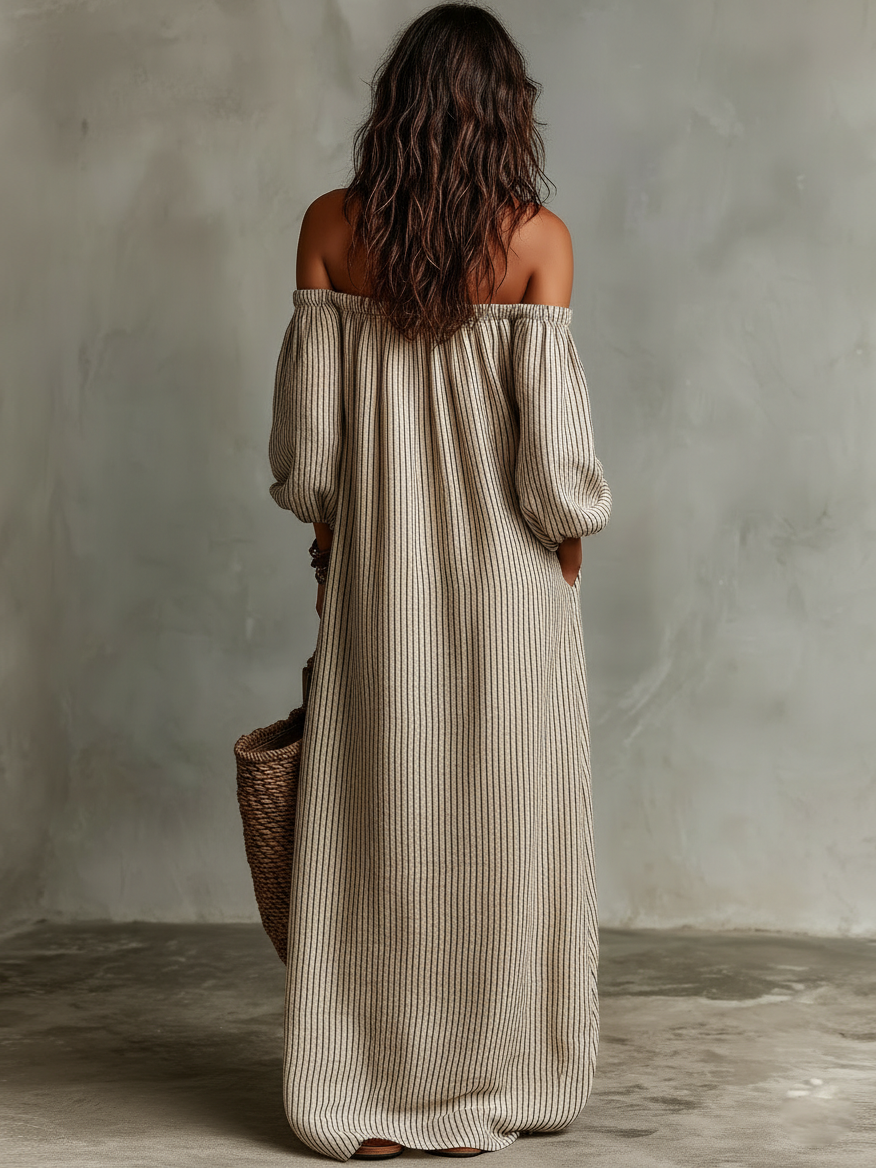 Carmen | Vestido largo de algodón y lino con diseño off-the-shoulder