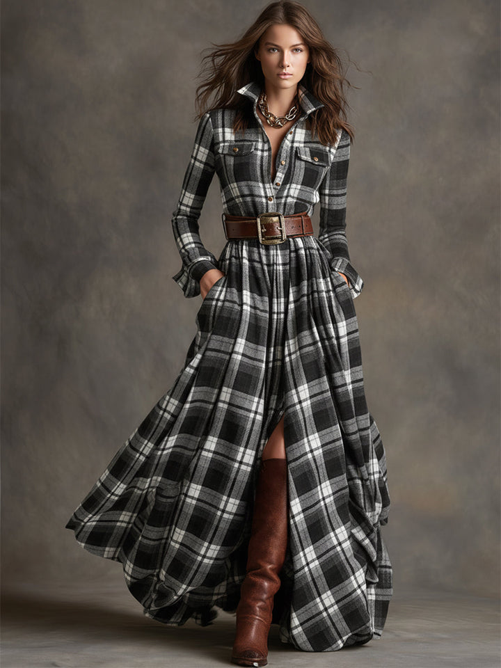 Scarlett | Vestido Camisero Largo a Cuadros con Manga Larga y Cinturón