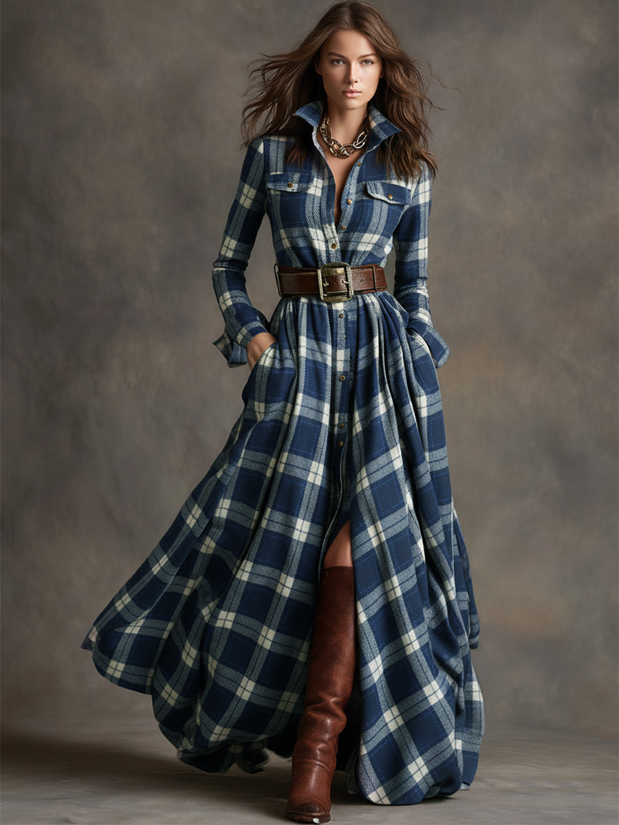 Scarlett | Vestido Camisero Largo a Cuadros con Manga Larga y Cinturón