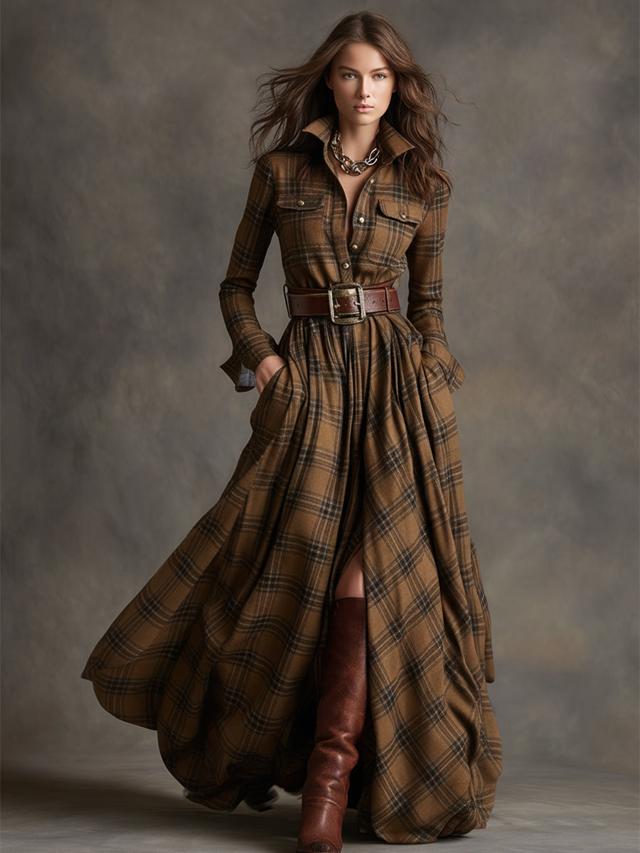 Scarlett | Vestido Camisero Largo a Cuadros con Manga Larga y Cinturón