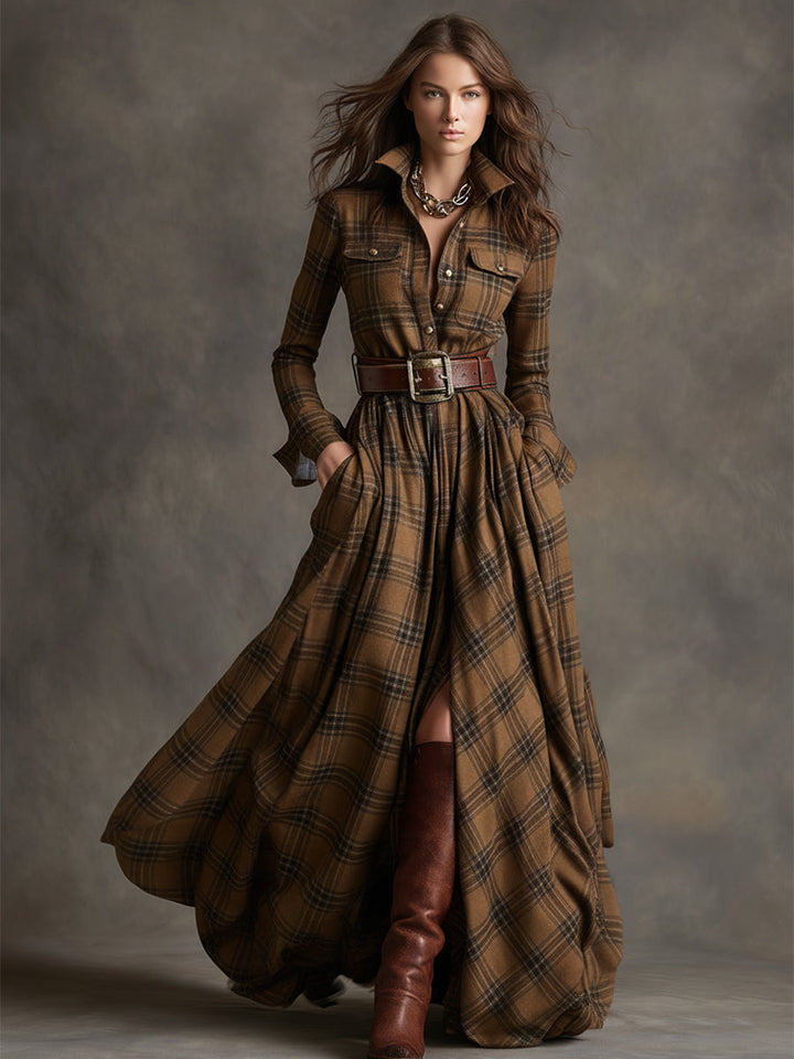 Scarlett | Vestido Camisero Largo a Cuadros con Manga Larga y Cinturón