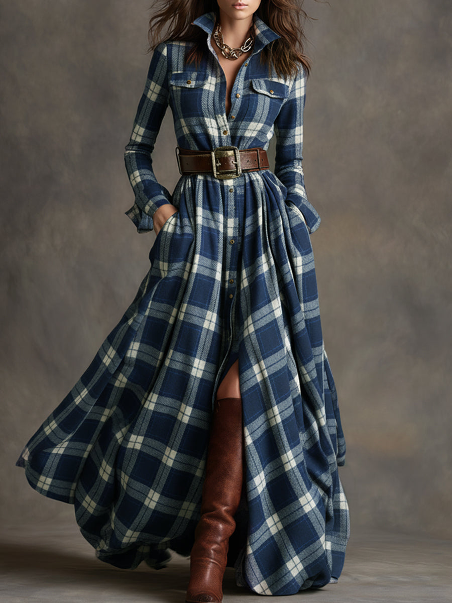 Scarlett | Vestido Camisero Largo a Cuadros con Manga Larga y Cinturón