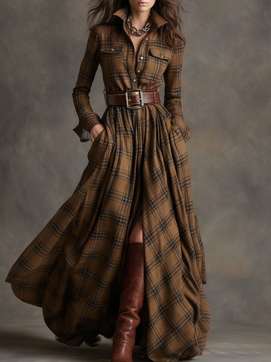 Scarlett | Vestido Camisero Largo a Cuadros con Manga Larga y Cinturón