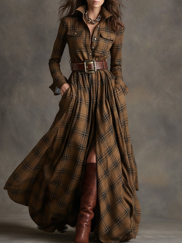 Scarlett | Vestido Camisero Largo a Cuadros con Manga Larga y Cinturón