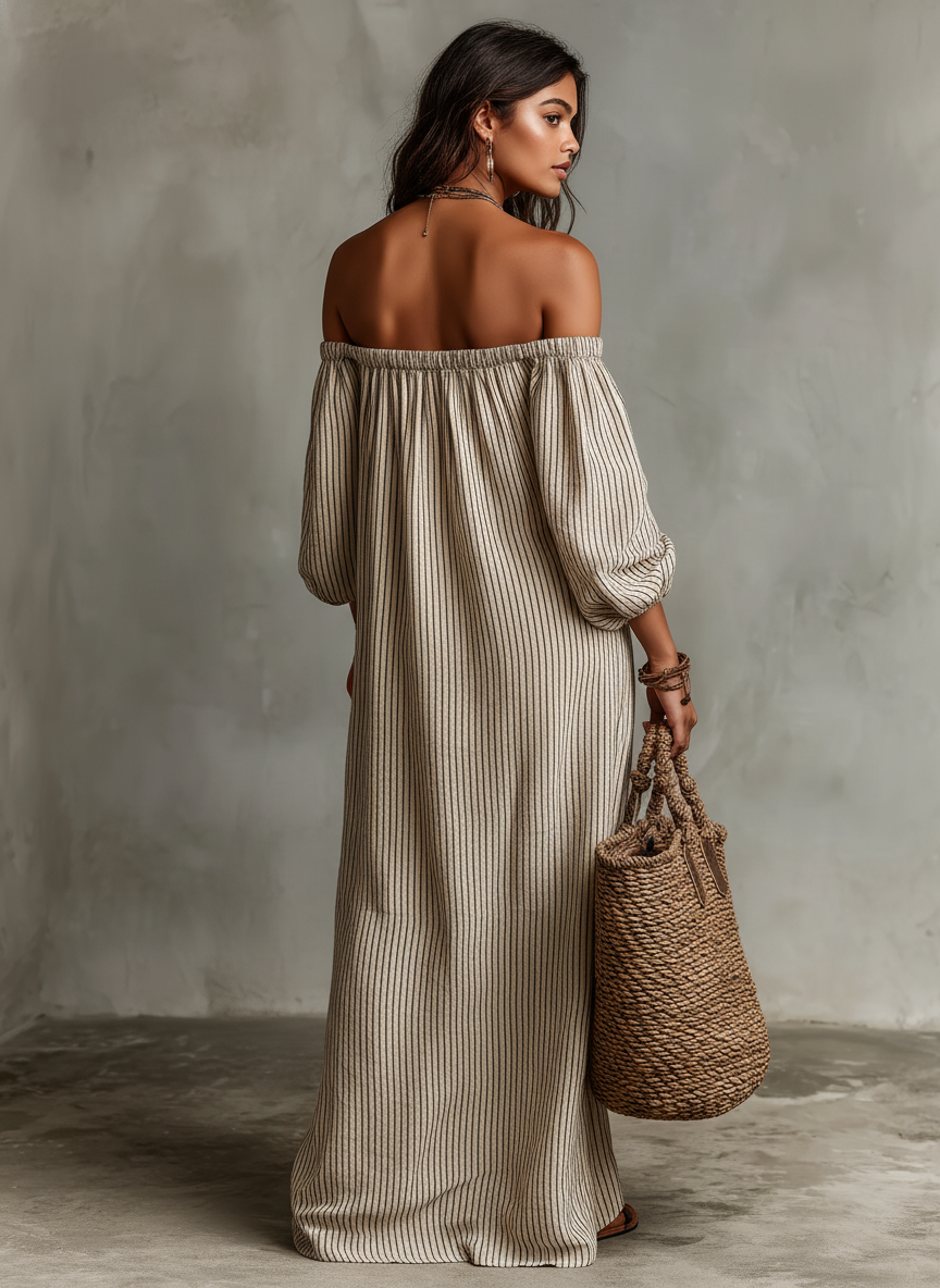 Carmen | Vestido largo de algodón y lino con diseño off-the-shoulder