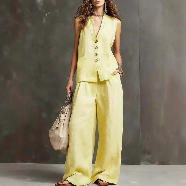 Conjunto de dos piezas de algodón y lino con chaleco sin mangas y pantalones de pierna ancha