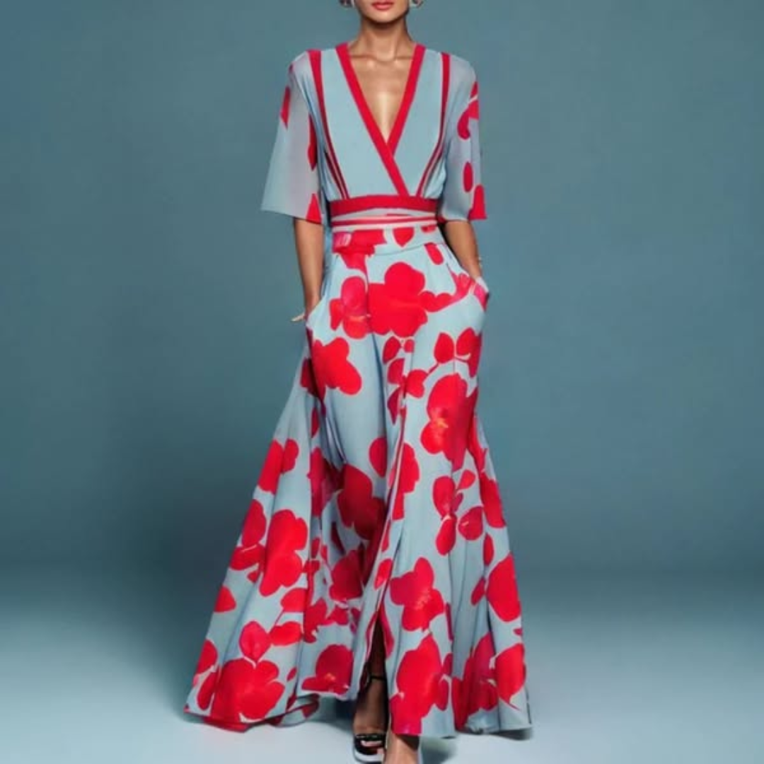Hazel - Vestido Maxi Floral con Cinturón y Escote en V