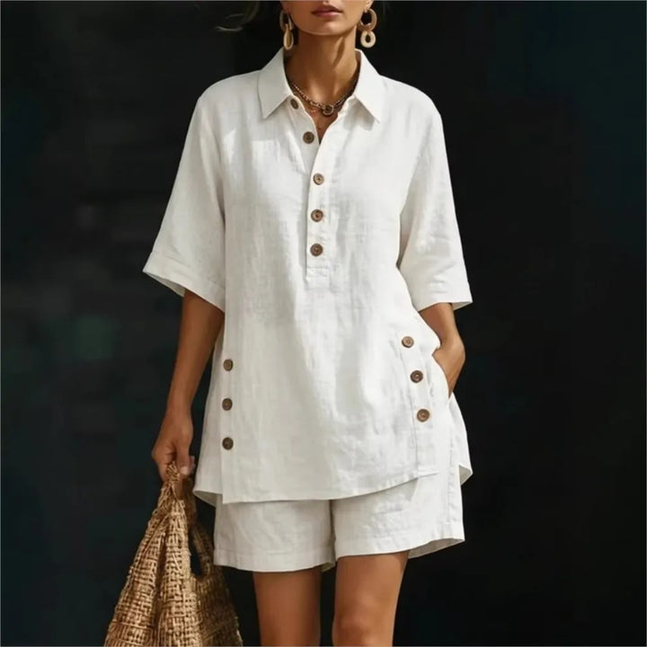 Solena | Camisa de manga corta con cuello de solapa y pantalones con bolsillos laterales