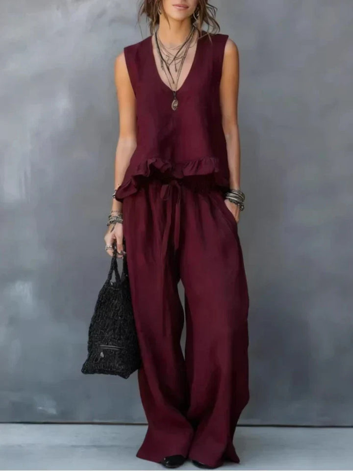 Clara | Conjunto de Pantalón de Dos Piezas con Top Sin Mangas y Volantes