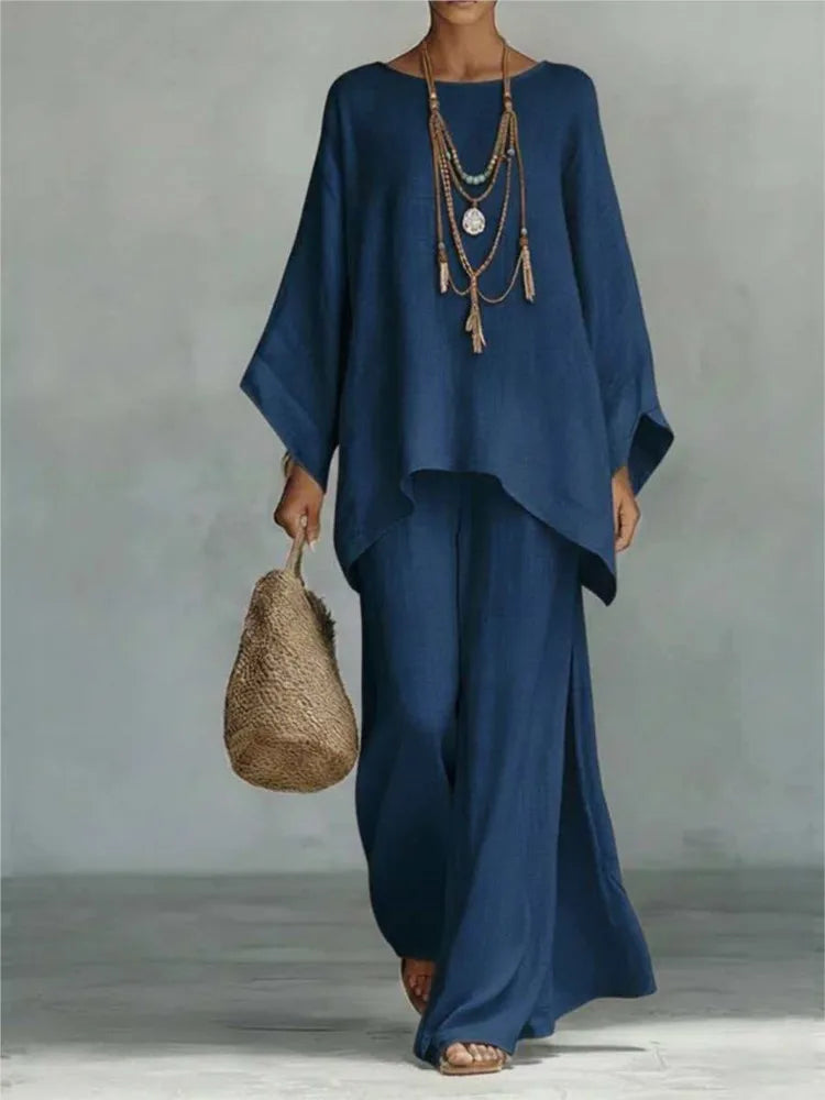 Lovina | Conjunto de Pantalones de Lino de Pierna Ancha con Mangas Largas