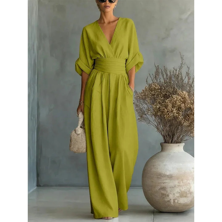 Viana | Pantalones Elegantes de Cintura Alta con Escote en V y Pierna Ancha