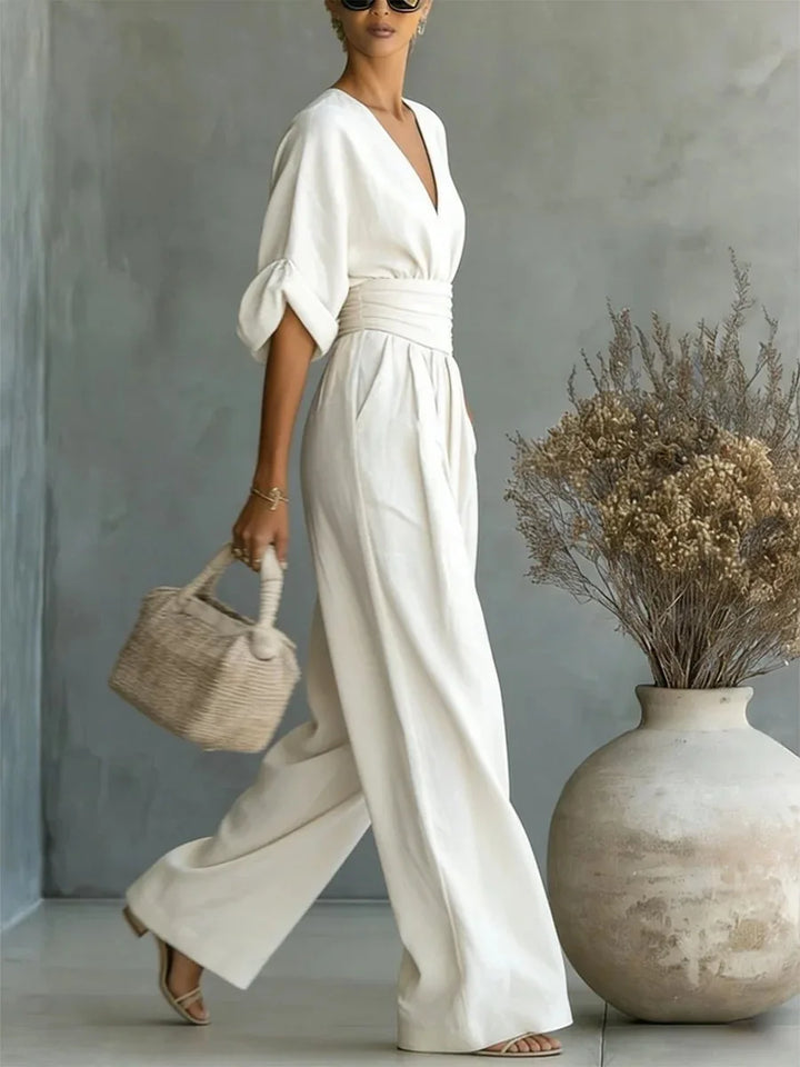 Viana | Pantalones Elegantes de Cintura Alta con Escote en V y Pierna Ancha