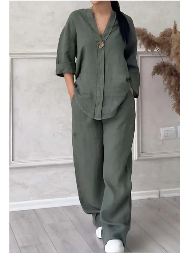 Mariana | Conjunto de Top Casual con Escote en V y Pantalones de Pierna Ancha