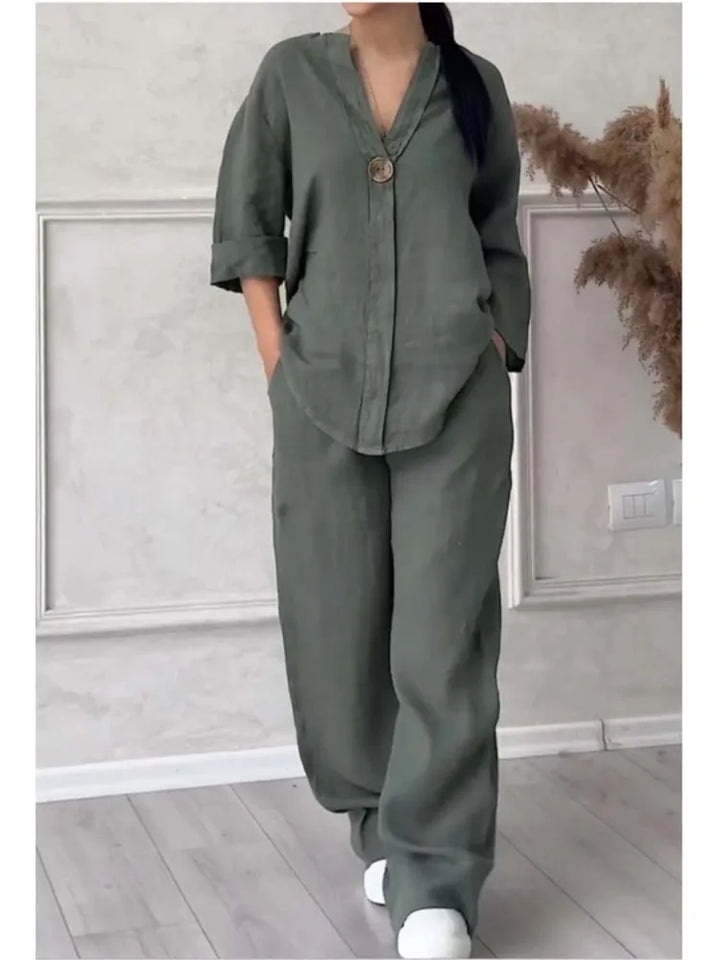 Mariana | Conjunto de Top Casual con Escote en V y Pantalones de Pierna Ancha