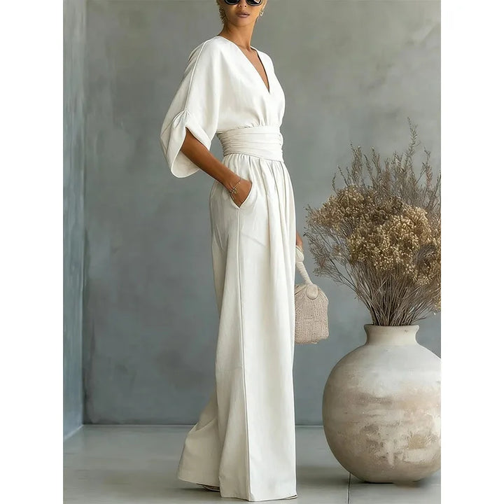 Viana | Pantalones Elegantes de Cintura Alta con Escote en V y Pierna Ancha