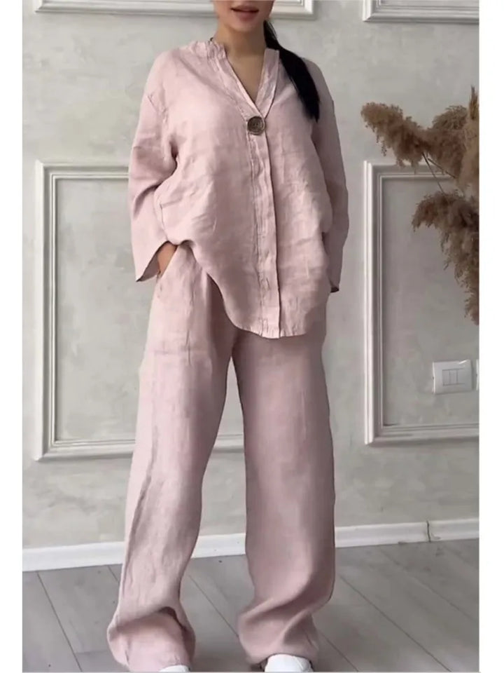 Mariana | Conjunto de Top Casual con Escote en V y Pantalones de Pierna Ancha