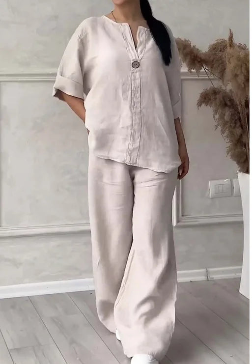 Mariana | Conjunto de Top Casual con Escote en V y Pantalones de Pierna Ancha