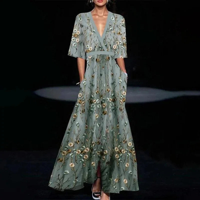 Hazel - Vestido Maxi Floral con Cinturón y Escote en V