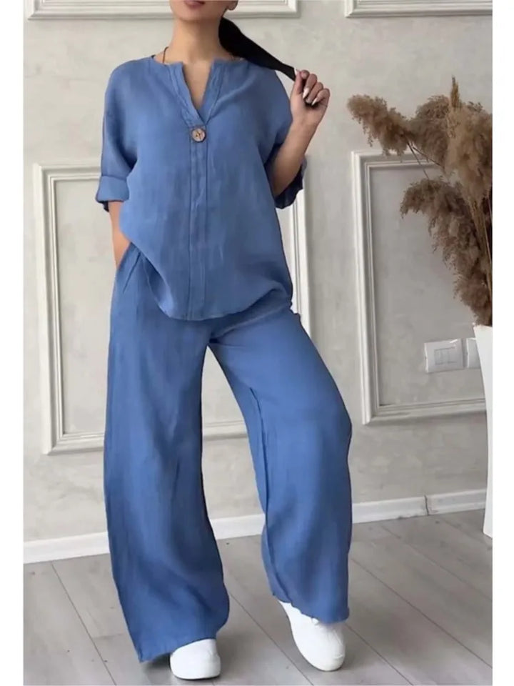 Mariana | Conjunto de Top Casual con Escote en V y Pantalones de Pierna Ancha