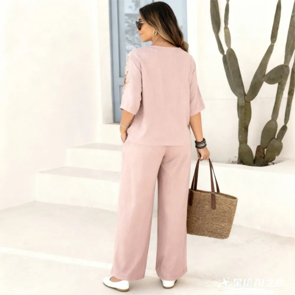 Felena | Conjunto de Pantalones Anchos Bordados Elegantes