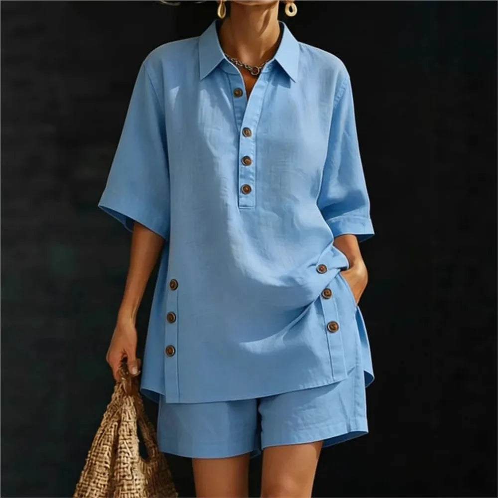 Solena | Camisa de manga corta con cuello de solapa y pantalones con bolsillos laterales