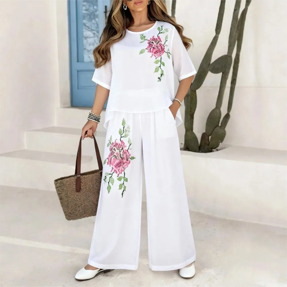 Felena | Conjunto de Pantalones Anchos Bordados Elegantes