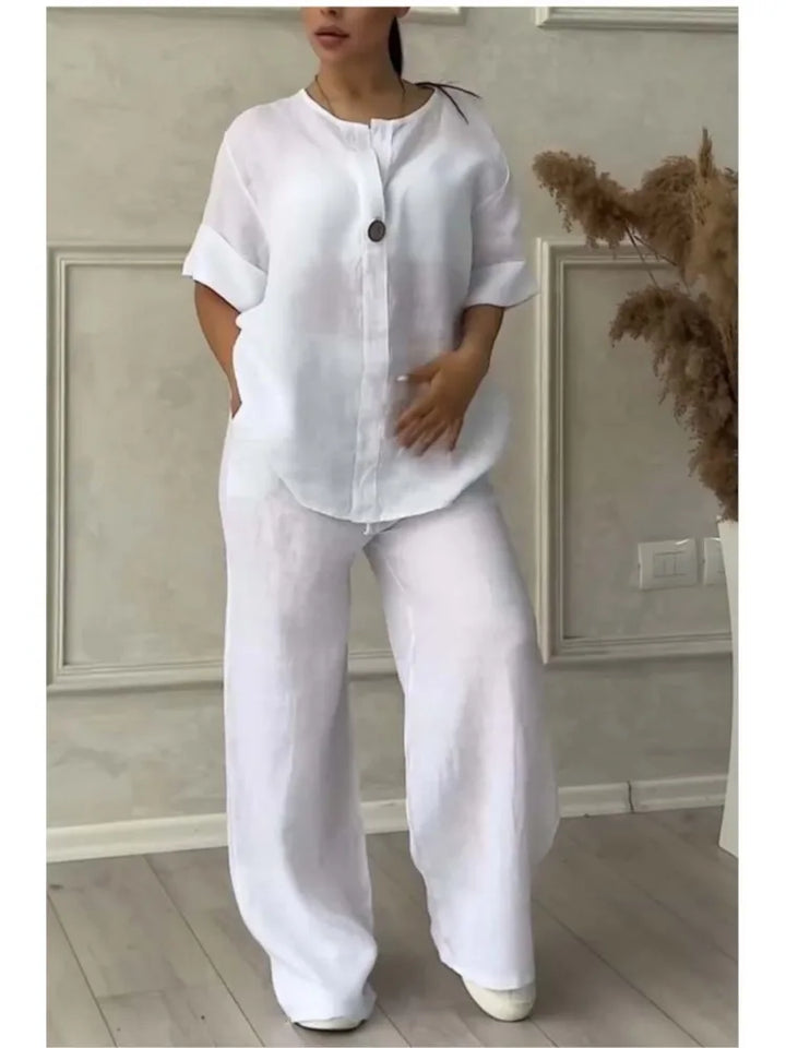Mariana | Conjunto de Top Casual con Escote en V y Pantalones de Pierna Ancha