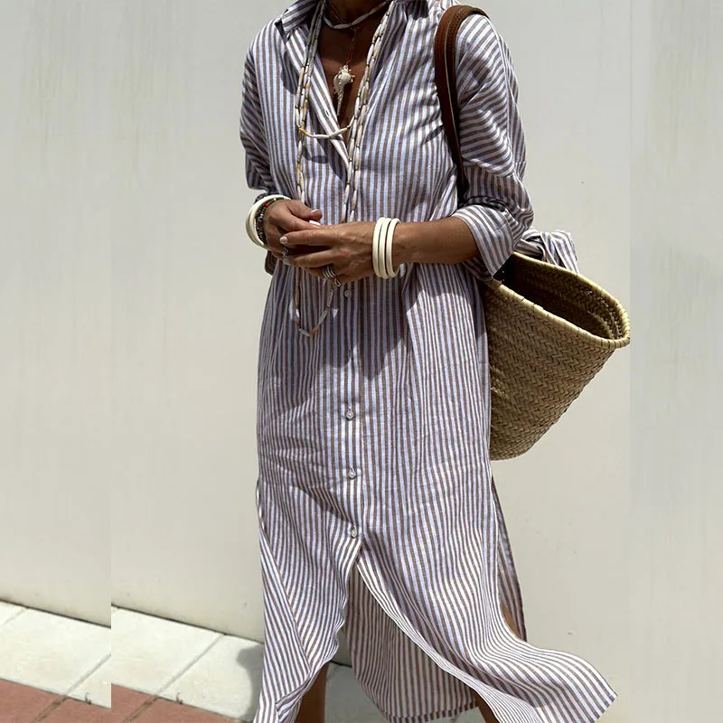 Hazel - Vestido Midi Confortable Rayado Sofisticado