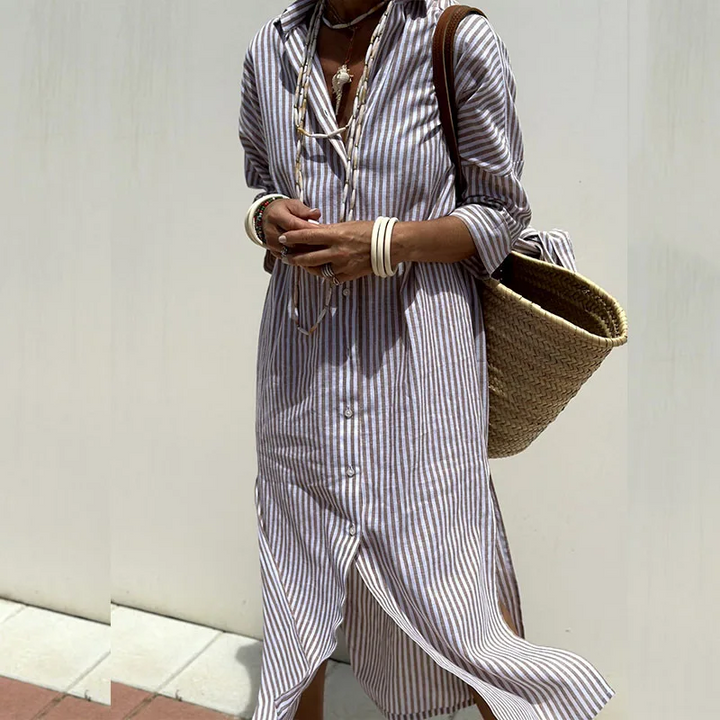Hazel - Vestido Midi Confortable Rayado Sofisticado