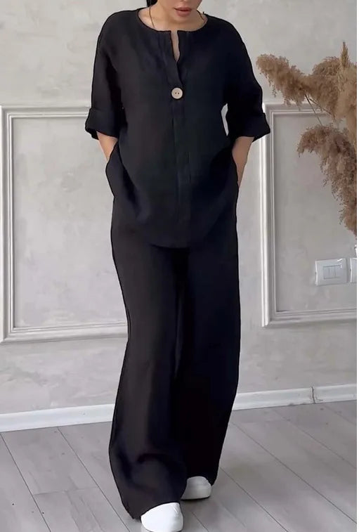 Mariana | Conjunto de Top Casual con Escote en V y Pantalones de Pierna Ancha