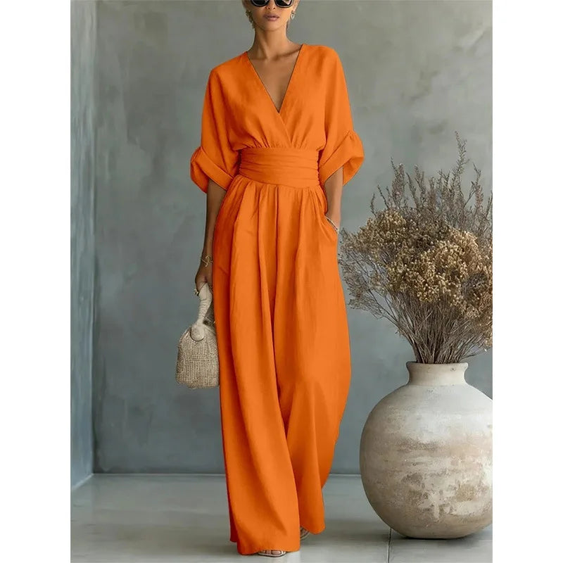 Viana | Pantalones Elegantes de Cintura Alta con Escote en V y Pierna Ancha