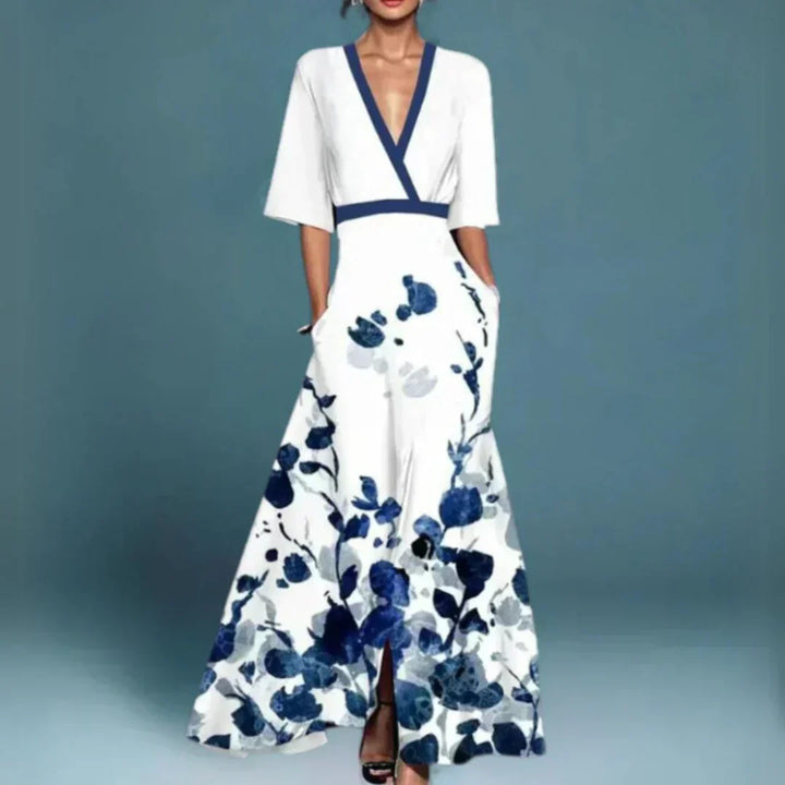 Hazel - Vestido Maxi Floral con Cinturón y Escote en V