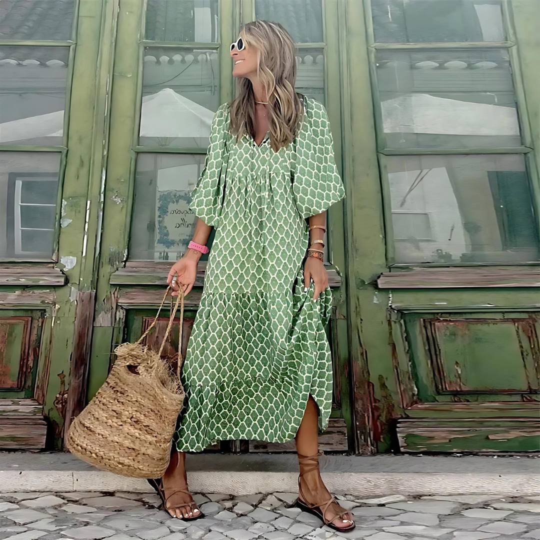 Mabel - Vestido Geométrico Estampado con Longitud Asimétrica