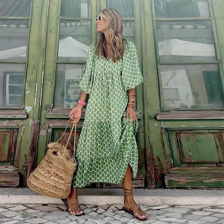 Mabel - Vestido Geométrico Estampado con Longitud Asimétrica