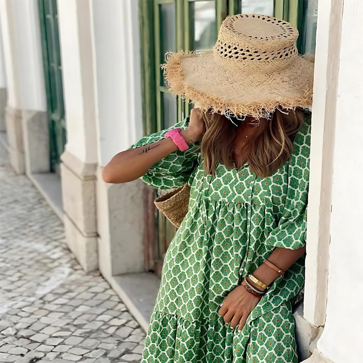 Mabel - Vestido Geométrico Estampado con Longitud Asimétrica