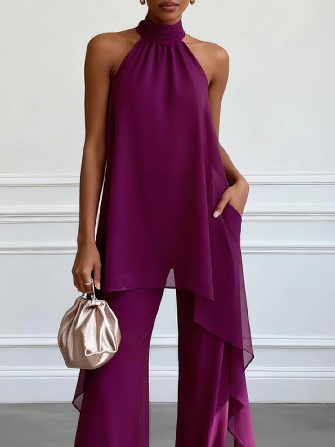 Set di Due Pezzi Elegante di Top Senza Maniche e Pantaloni Viola