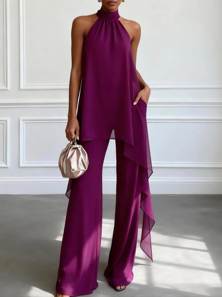 Set di Due Pezzi Elegante di Top Senza Maniche e Pantaloni Viola