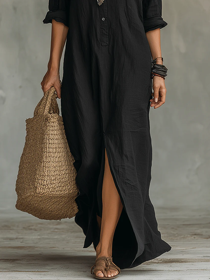Soline™ | Vestido Maxi Negro Suelto con Botones