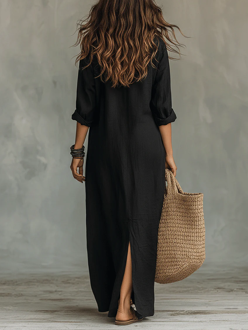 Soline™ | Vestido Maxi Negro Suelto con Botones