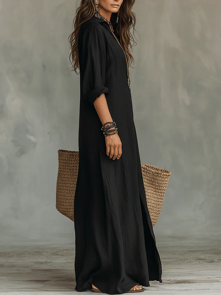 Soline™ | Vestido Maxi Negro Suelto con Botones