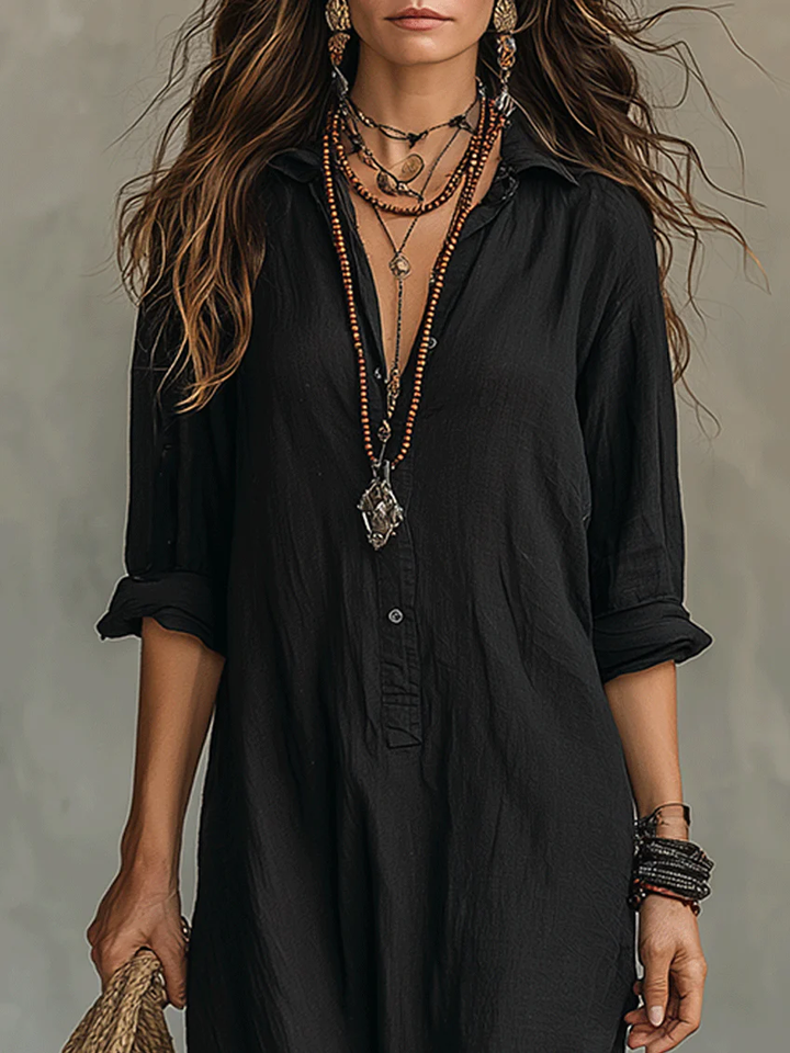 Soline™ | Vestido Maxi Negro Suelto con Botones