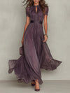 Flavia | Vestido largo morado con escote de ojal y detalles de encaje de gasa