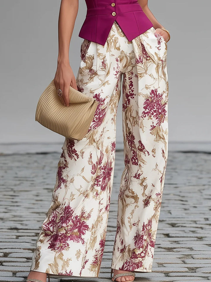 Completo Gilet Senza Maniche Rosa Chiaro e Pantaloni Ampi con Stampa Floreale