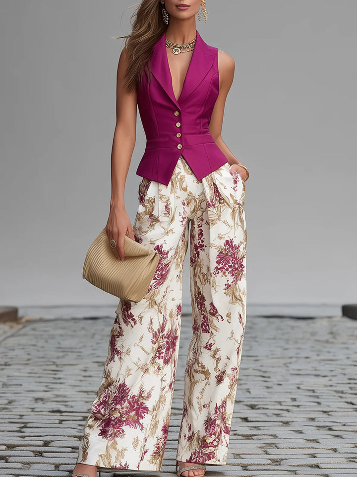 Completo Gilet Senza Maniche Rosa Chiaro e Pantaloni Ampi con Stampa Floreale