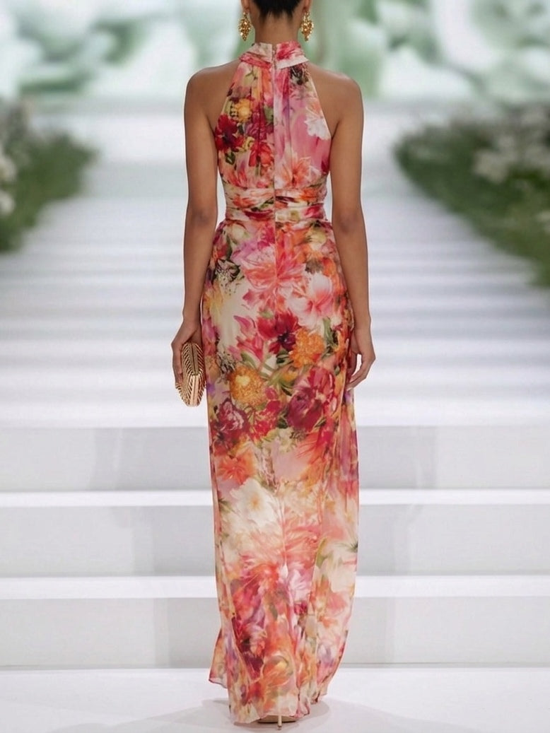 Abito Maxi Senza Maniche in Chiffon Floreale Rosso con Collo Halter