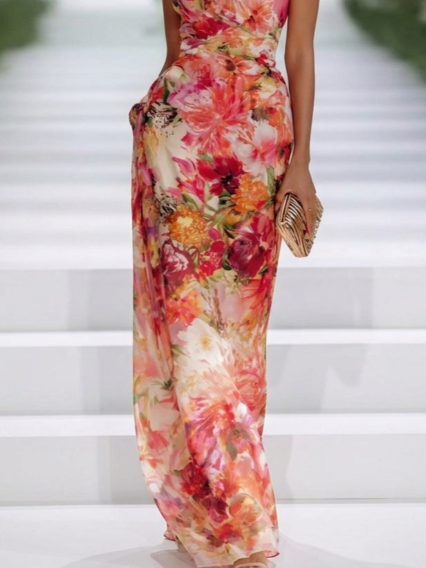 Abito Maxi Senza Maniche in Chiffon Floreale Rosso con Collo Halter