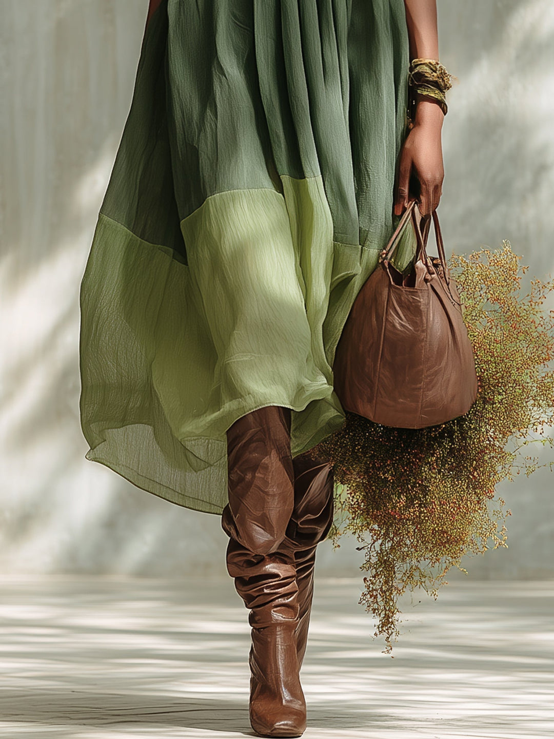 Vestito Midi Verde in Chiffon Senza Spalline e Manica Corta