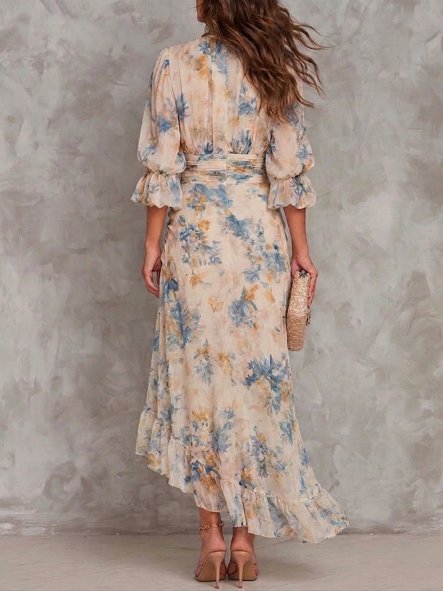 Abito Maxi in Chiffon Irregolare con Stampa Floreale in Pittura ad Olio Beige