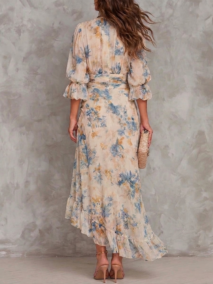 Abito Maxi in Chiffon Irregolare con Stampa Floreale in Pittura ad Olio Beige